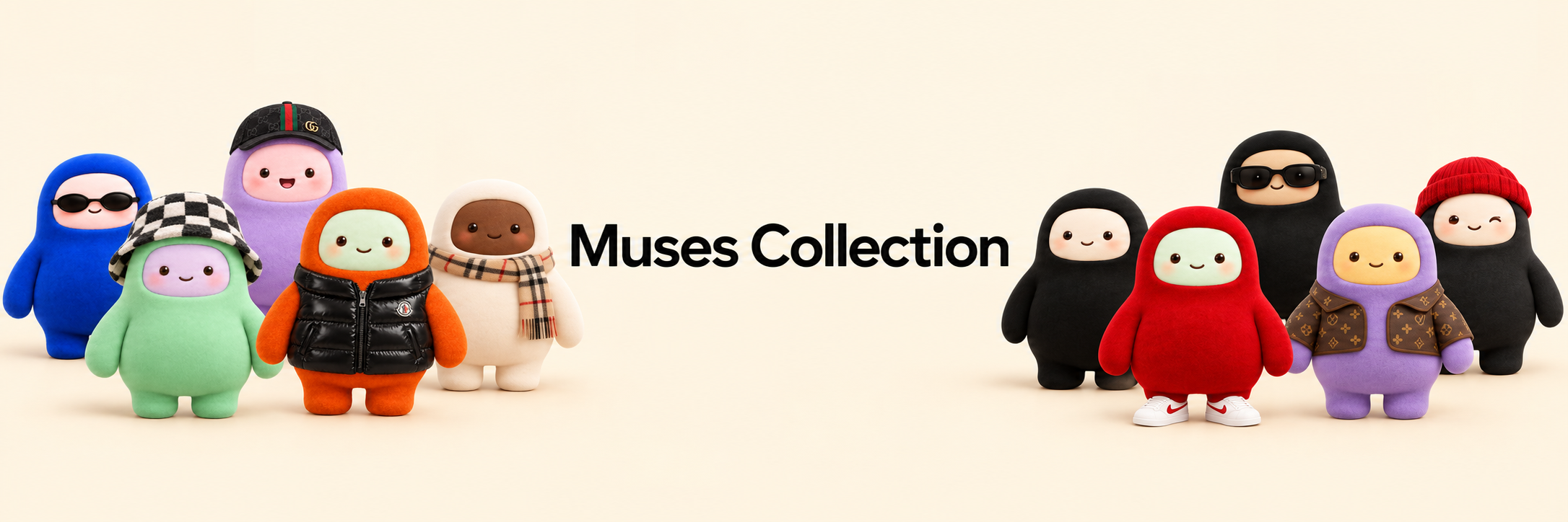 Muses Collection: colorful plush Muses wearing hats, glasses, scarves, and jackets
